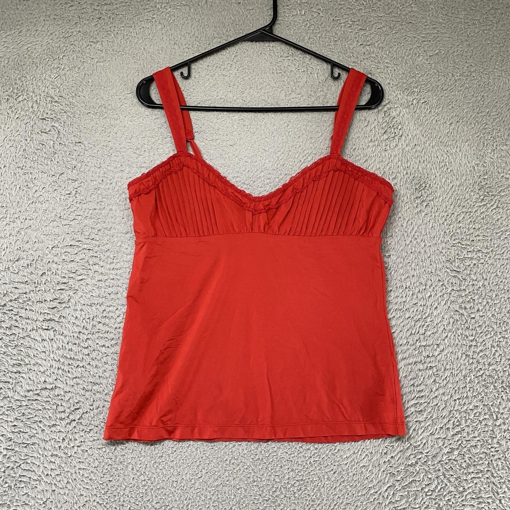 MNG Mango Babydoll Tank Womens XL Red Pleated Lace Trim Coquette Romantic Y2K